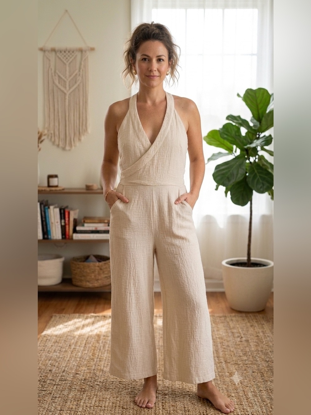 Anthropologie Demi Textured Jumpsuit Ivory Wide Leg Tie Waist Pockets NWT 8